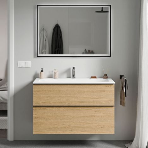 Unterschrank Bernstein LAVOA 100 cm mit Mineralguss Waschbecken CREAM - Griff Chrom, Badmöbelfarbe Eiche Honiggold, Waschbecken Weiß matt mit Hahnloch