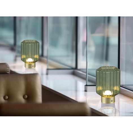 2er SET kleine Akku Tischleuchten mit Glas Lampenschirm Grün, Höhe 19cm (1/5)
