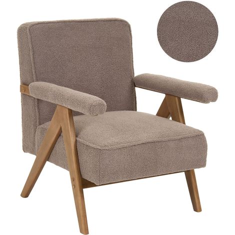 Poltrona con rivestimento in tessuto boucle beige e struttura in legno Evje (1/5)