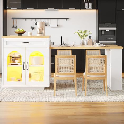 Îlot de cuisine rabattable éclairage LED 2 tiroirs étagères réglables buffet portes verre cannelé plan MDF salle à manger-Go. (1/5)