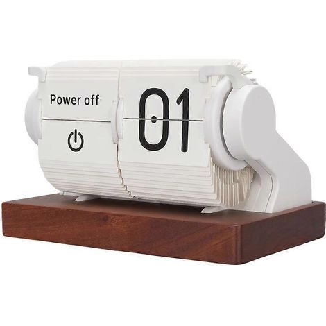 Réveil à bascule vintage mécanique à piles, automatique, avec socle en bois, blanc, idéal pour le salon ou le bureau. (1/5)
