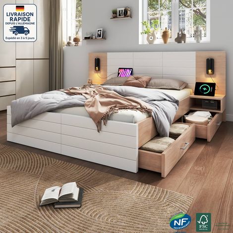 Lit avec tiroirs 140x200 cm, Bois Certifié PEFC, tête de lit allongée, lit double avec tables de chevet, USB, sans matelas, blanc + naturel (1/5)