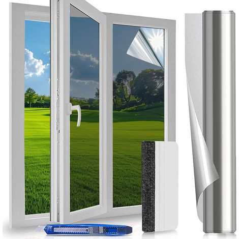 Film Fenetre Anti Regard, Anti Chaleur Anti UV, Film Miroir pour Fenetre avec Kit de Pose, Protection de la Vie Privée, Protection Solaire, pour Fenêtr Maison Bureau Magasin, Argenté, 60x200 cm (1/5)