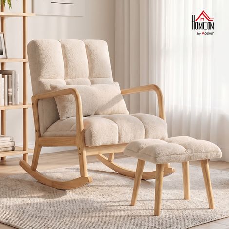 Fauteuil à bascule avec repose-pieds - Beige - Assise large et pieds en bois - Pour salon, chambre - Design confortable et naturel - Idéal relaxation (1/5)