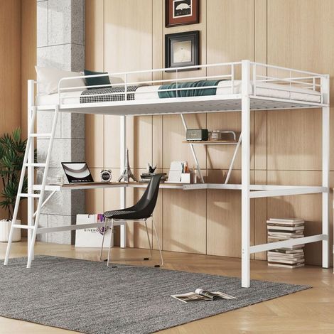 Lit mezzanine - SOGEU - 90x200 - Bureau en L - Garde-corps sécurité - Structure métal blanc (1/5)