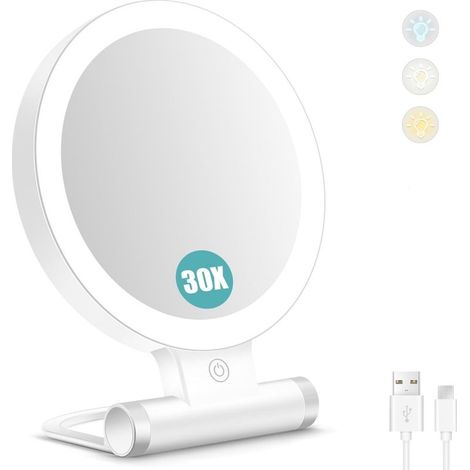 Miroir grossissant Double Face 1X/30X avec lumière, 3 Modes d'éclairage, 1000mAh luminosité Ajustable, Miroir de Maquillage de Voyage Compact et Pliable (1/5)