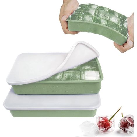 Lot de 2 Bac à Glaçons en Silicone Empilable avec Couvercle, Format 15 Cavités Carré, Facile à Démouler, Réutilisable, Certifié LFGB et sans BPA, Vert (1/5)