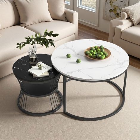 Mesa de Centro Nido Redonda - Mármol Blanco/Negro - 2 Piezas - Ø70/45cm - Diseño Contemporáneo