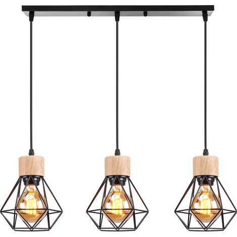 Lampe À Suspension Vintage Suspension Luminaire Rétro Noir À 3 Lumières, Plafonnier D'Intérieur Moderne En Métal Et En Bois (1/5)