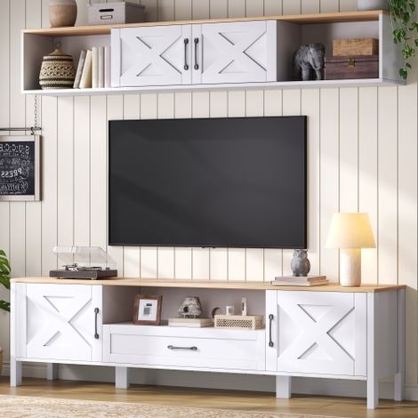 Ensemble de meuble tv blanc 180x40x50 cm et vitrine murale 180x30x30 cm, 4 portes et 1 tiroir