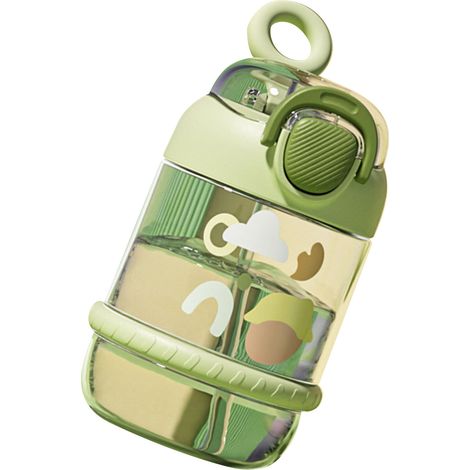 Tragbare Wasserflasche für Schulkinder, Sommerbecher aus Kunststoff, stoßfest, geeignet für Grundschüler, Jungen und Mädchen, Strohhalmbecher, grün gepunktet. (1/5)