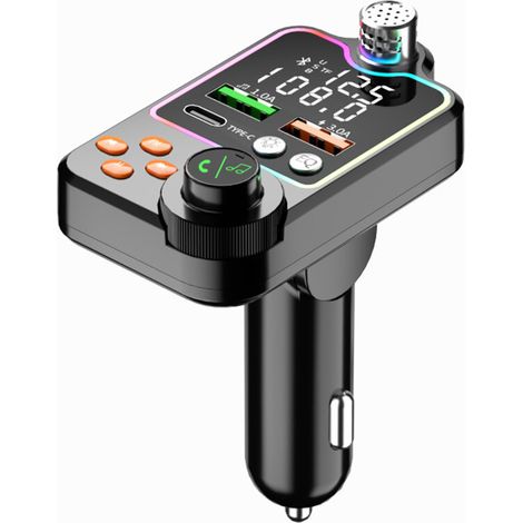 Bluetooth 5.0 Freisprecheinrichtung fürs Auto mit drahtlosem FM-Transmitter, PD-Ladegerät und 2 USB-Anschlüssen.
