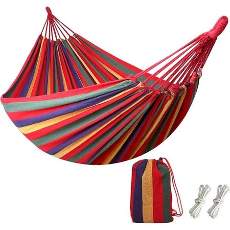 Hamac d'extérieur portable en toile de parachute et coton. anti-retournement. pour voyage. camping. deux personnes. charge maximale 300 kg. multicolore (2 personnes. rouge) (1/4)