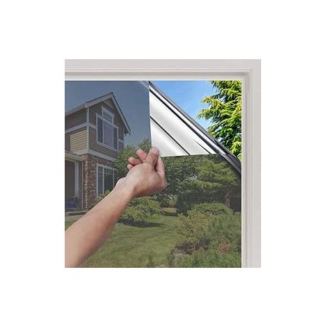 Film adhésif pour vitre 45x200cm effet miroir unidirectionnel, protection solaire anti-UV argenté, occultant, résistant à la chaleur, film miroir pour intimité. (1/4)