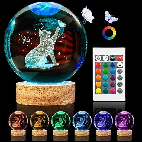Veilleuse 3D en forme de chat boule cristal - de de 8 cm - de verre 7 couleurs - base lumineuse bois (1/5)