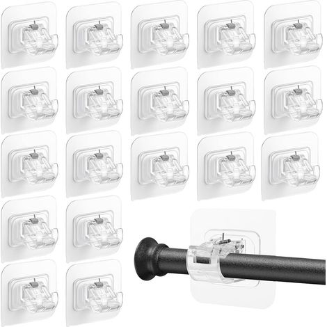 20 Pcs Support Tringle Rideaux Sans Percage, Supports de Tringle Auto Adhésifs Transparent, Support AméLioré Rideaux, Sans Percage Support Crochets pour la Maison, la Salle de Bain (1/5)