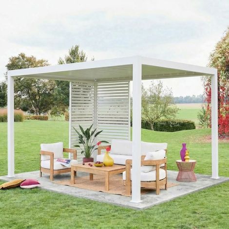 Pergola bioclimatique aluminium 4x3m blanc + 1 persienne 100cm + 1 persienne 130cm Triomphe