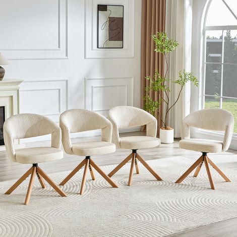 2er-Set Retro-Luxus-Drehstühle. Fauteuils à corde Cremeweiße avec structure à bandes verticales et pieds en bois massif, rotation silencieuse à 360° et appui-dos voûté