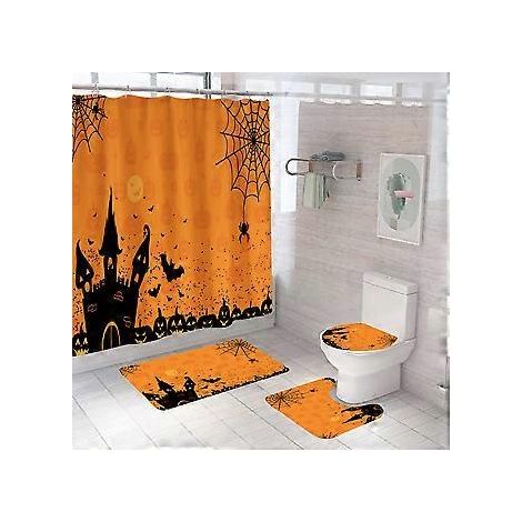 4-teiliges Halloween-Duschvorhang-Set mit Teppich, Fledermausburg, Halloween-Duschvorhängen für Badezimmerdekoration, Halloween-Badezimmerdekoration, WC-Deckelbezug