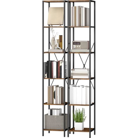 Ensemble de 2 étagères à 6 niveaux structure en acier pour salon bureau et chambre marron rustique (1/4)