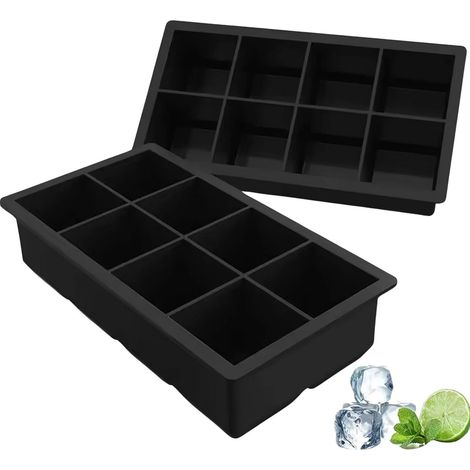 Lot de 2 bacs à glaçons - Bac à glaçons en silicone 8 cubes - Bac à glaçons extra large de qualité alimentaire - Récipient à glaçons hermétique avec couvercle - Noir (1/5)