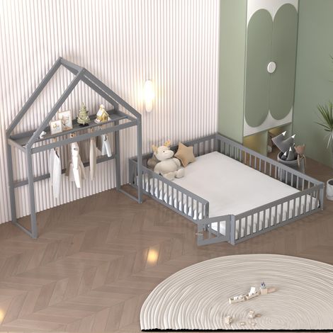 Lit enfant cabane 140x200 cm en bois massif, lit au sol avec barrières de sécurité, porte ouvrante, rangement, penderie, sommier à lattes inclus, sans matelas (1/5)