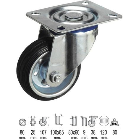 Roue Industrielle Caoutchouc Noir Plaque 80 mm.