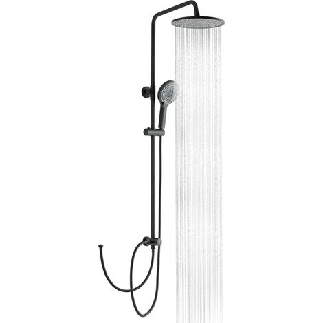 Ensemble de Douche, Colonne de Douche Noir sans Robinetterie,25cm Pommeau de Douche Pluie Ronde, Avec Tuyau Douche 1,6m et Barre de Douche Réglable en Hauteur (1/5)