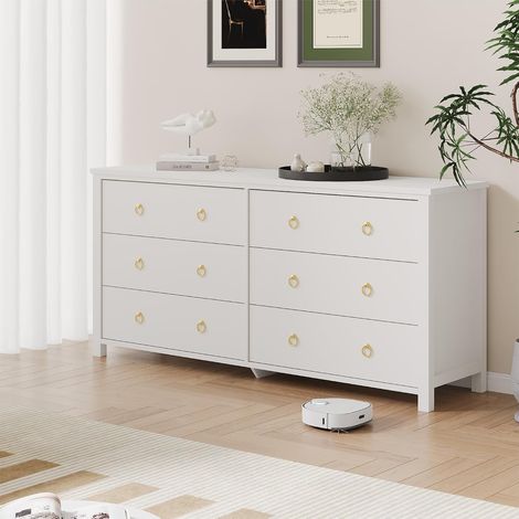 Commode chambre 6 tiroirs bois blanc grande capacité de rangement poignées dorées anti basculement (1/5)