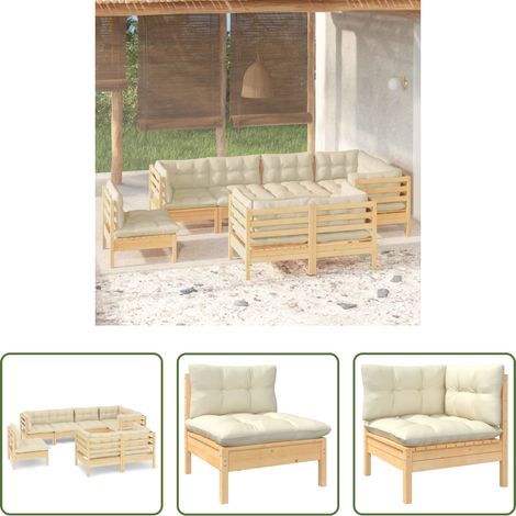 Terrassensofa - 8-tlg. Garten-Lounge-Set mit Creme Kissen Massivholz Kiefer (1/5)
