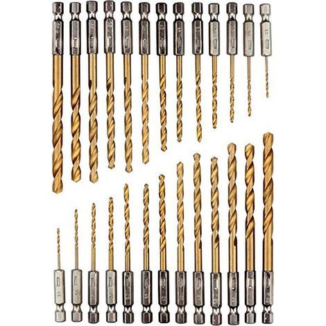 Jeu de forets à queue en titane de 26 pièces, forets en acier à coupe rapide hexagonale, acier à coupe rapide de 1,5-6,5 mm, ensemble de forets HSS revêtus de titane, Forets à métaux (1/5)