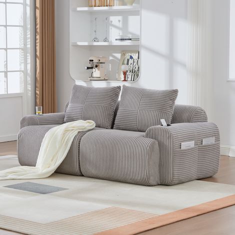 Canapé modulaire en velours côtelé 2 places, combinable librement, emballé sous vide avec porte-gobelets et poche latérale de rangement, idéal pour salon et salle familiale, gris clair (1/5)