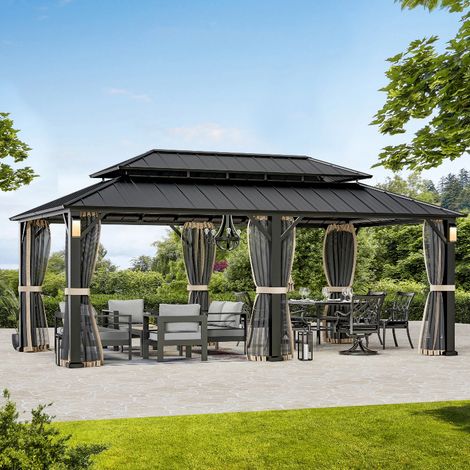 Gazebo Pavillon Tonnelle en acier thermolaqué 3.6x6 m - Toit en acier durable - Résistante aux intempéries et UV -  Pavillon avec 4 lampes solaires LED - Modern Shade (1/5)