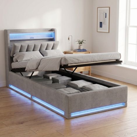 Lit coffre 90x200 cm avec sommier, éclairage LED RGB & prises USB/Type-C, lit simple hydraulique, tête de lit avec rangement Intégré, velours, Gris (1/5)