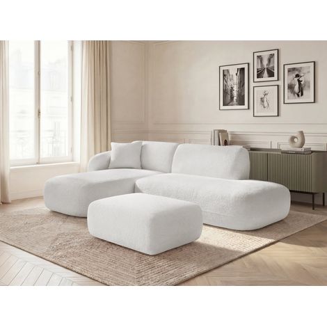 BOBOCHIC - Canapé d'angle fixe modulable ANDA avec 1 méridienne, 1 chauffeuse bout de canapé et 1 pouf Angle gauche  Blanc