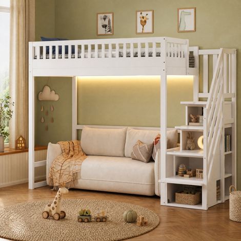 Letto a soppalco 90x200 cm bianco in legno con scala contenitore e LED (1/5)