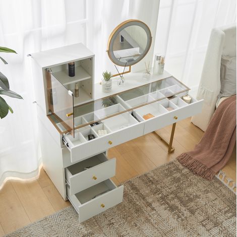 Coiffeuse avec miroir LED, plateau en verre trempé, 120 x 45 x 115 cm, blanc DESVIAE (1/5)