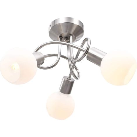 Plafonnier 3 lumières E14 avec abat-jour en verre bol – Acier chromé et céramique blanc, design moderne pour salon ou chambre, 35 x 24 cm, ampoules non incluses (1/5)