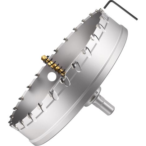 Kit de scie-cloche en carbure de tungstène avec foret central, clé hexagonale et ressort – pour métaux durs, tôles en acier inoxydable, tubes carrés, fibre de verre, argent 145 mm (1/5)