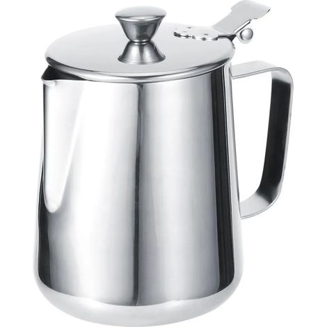Pichet à lait en acier inoxydable avec couvercle, 1000 ml, idéal pour faire mousser le lait et réaliser des lattes art à la maison. (1/5)