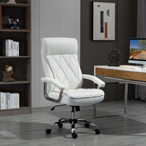 Chaise de bureau exécutive ergonomique en cuir blanc, au motif losange et rembourrée., hauteur réglable, basculante, pivotante