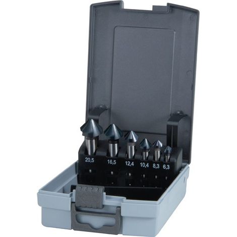 RUKO  Juego  de  avellanadores  cónicos  y  desbarbadores,  6  piezas.  DIN  335  Forma  C  90°  HSS-TiAlN  Ø  6,3  -  20,5  mm  en  casete  de  plástico  -  102152FRO
