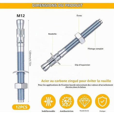 Stud Anchor M12 x 120mm, Anchor Studs, Expansion Bolts, Expansion Screws, Anchor Bolts, Concrete Dowel for Concrete Stone Windows Machinery Beams (1/4)