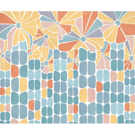 papier peint panoramique fleurs rétro bleu, jaune et terracotta - Komar (1/3)