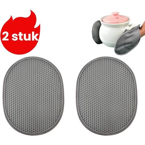 Set di 2 pezzi composto da guanti in silicone resistenti al calore, tappetino da cucina resistente al calore, guanti da forno, guanti per microonde, colore grigio. (1/5)