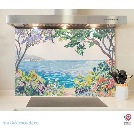 Fond de hotte : Fleur, mer et dessin coloré - Verre trempé - 90 cm - 60 cm (1/5)