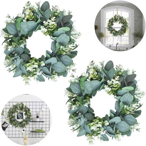 Couronnes d'eucalyptus artificiel lot de 2 - décorations rondes 32 cm, vertes (1/5)