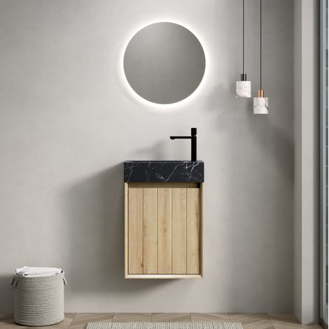 Meuble vasque mural 40 cm avec lavabo en marbre naturel noir, 1 porte, préassemblé (1/5)