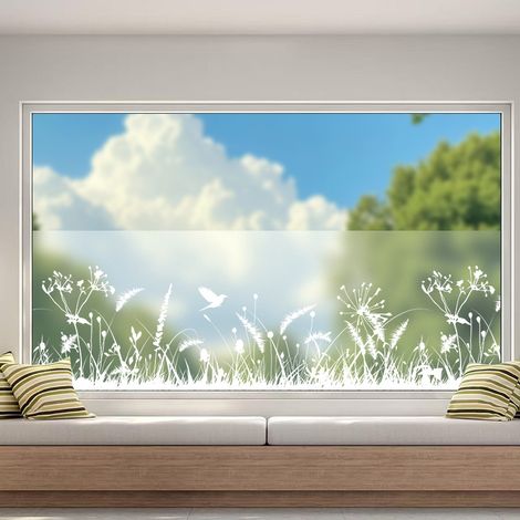 Elektrostatische Sichtschutzfolie 45 x 200 cm, dekoratives Gras- und Vogelmotiv, wiederverwendbar, ideal für Badezimmer (1/4)