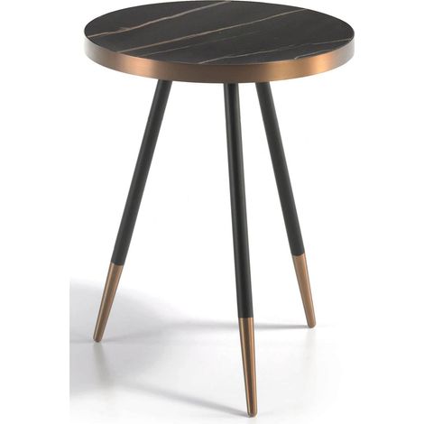 Table d'appoint ronde bois et porcelaine finition marbre pieds acier chromé bronze - Noir, bronze (1/2)